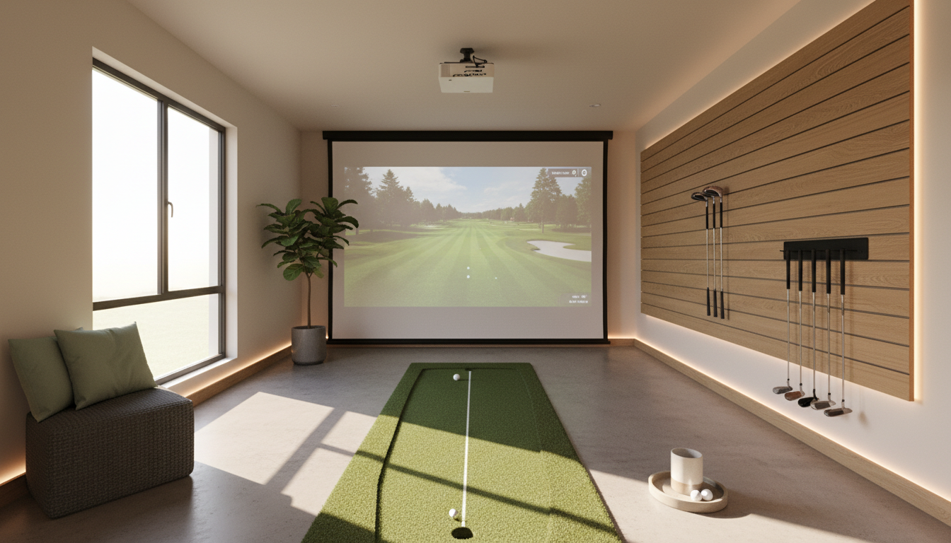 Modern Golf Room with Putting Green + Simulator